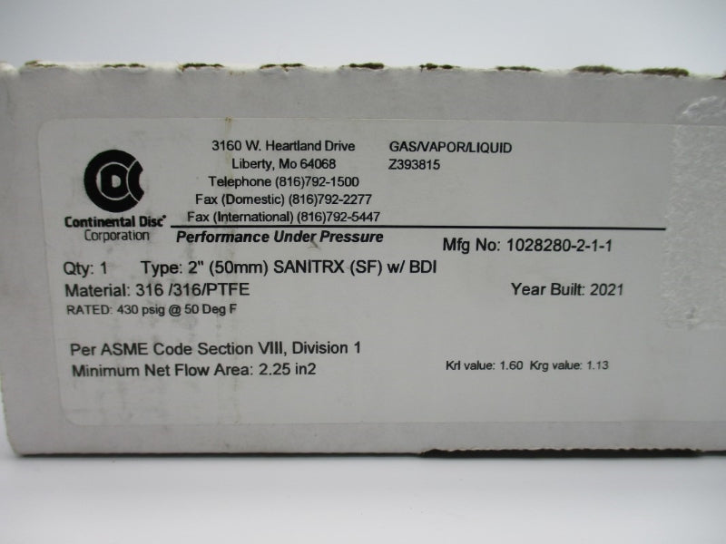 CONTINENTAL DISC SANITRX 1028280-2-1-1 430PSI 50'F 2" NSMP