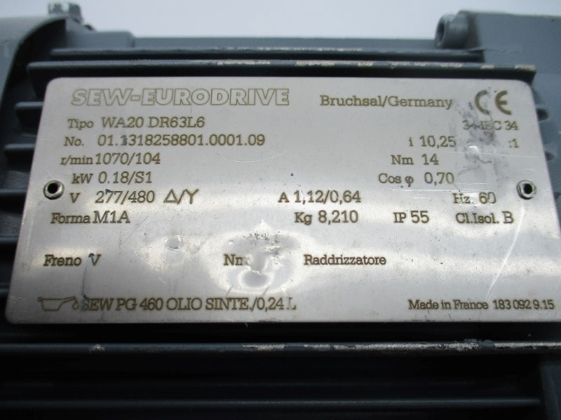 SEW-EURODRIVE WA20DR63L6 01.1318258801.0001.09 277/480V 1.12/0.64A NSNP