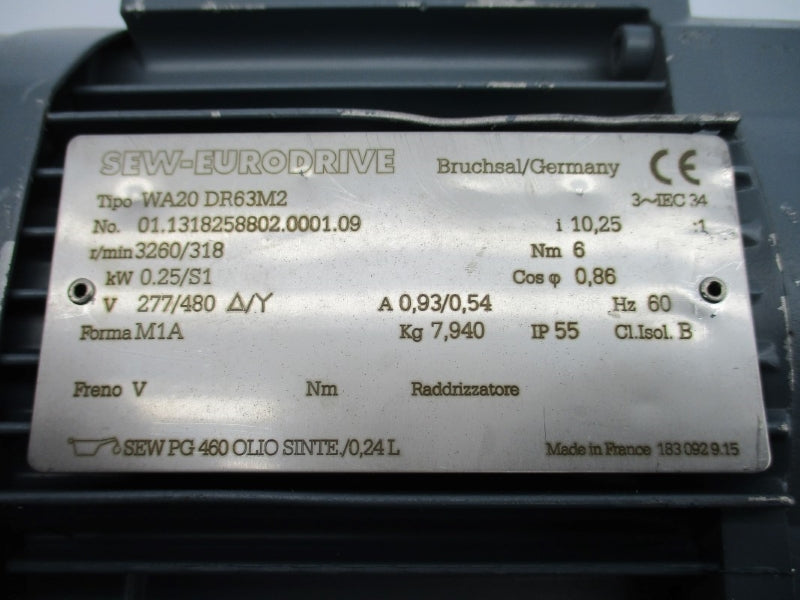 SEW-EURODRIVE WA20DR63M2 01.1318258802.0001.09 277/480V 0.93/0.54A NSNP