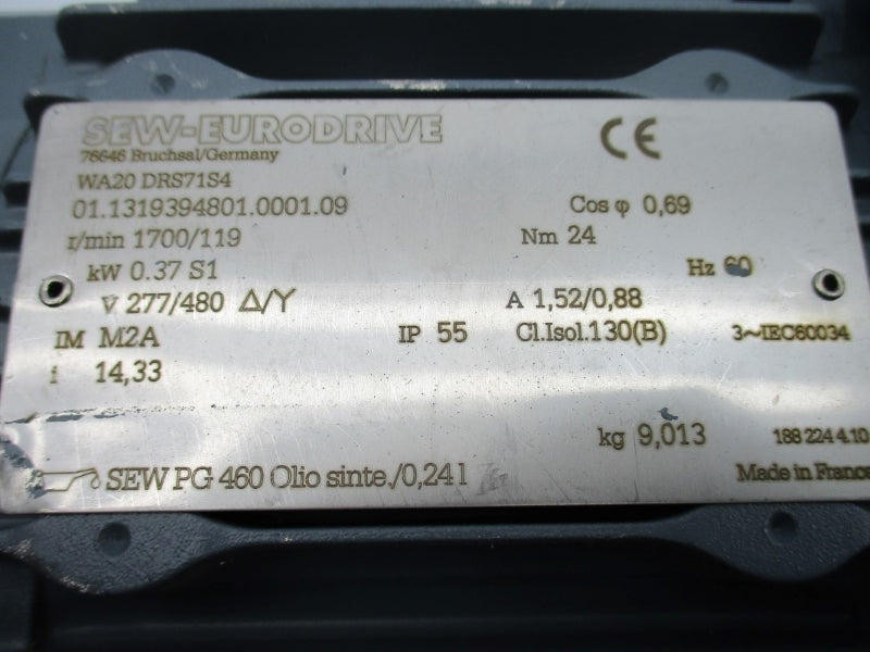 SEW-EURODRIVE WA20DRS71S4 01.1319394801.0001.09 277/480V 1.52/0.88A NSNP