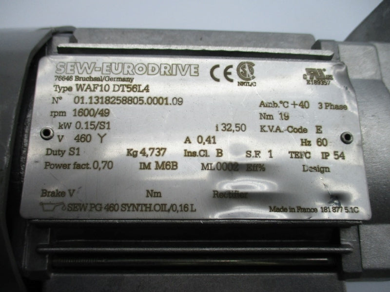 SEW-EURODRIVE WAF10DT56L4 01.1318258805.0001.09 460V 0.41A NSNP