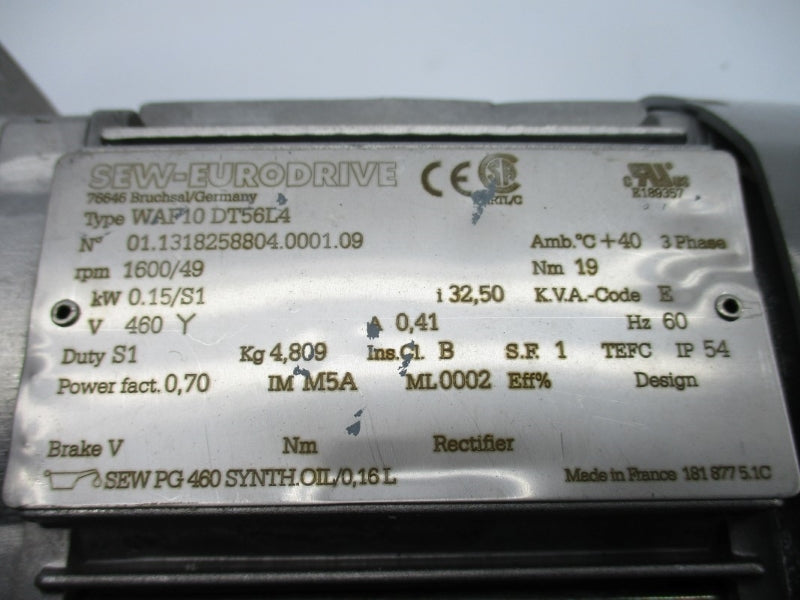 SEW-EURODRIVE WAF10DT56L4 01.1318258804.0001.09 460V 0.41A NSNP
