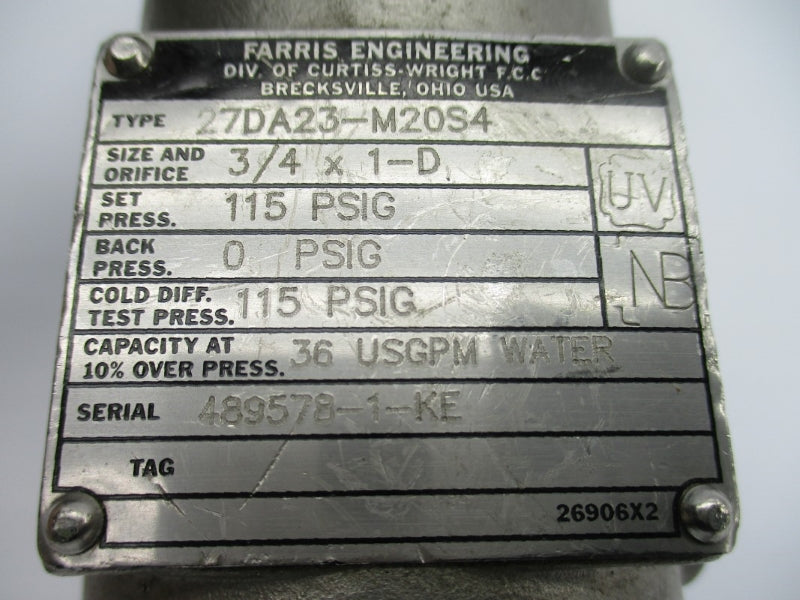 FARRIS ENGINEERING 27DA23-M20S4 115PSI 3/4" X 1" NSNP