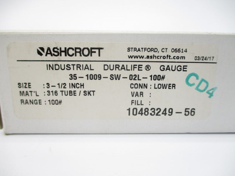 ASHCROFT 35-1009-SW-02L-100# 0-100PSI 3-1/2" NSMP