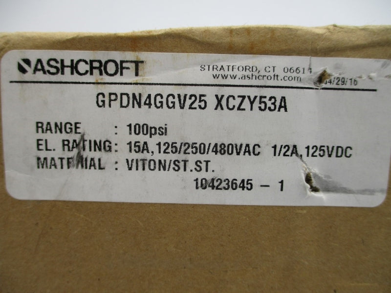 ASHCROFT GPDN4GGV25XCZY53A 125/250/480VAC 15A 100PSI NSFS