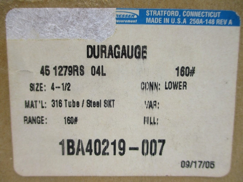 ASHCROFT 451279RS04L160# 160PSI 4-1/2" NSMP