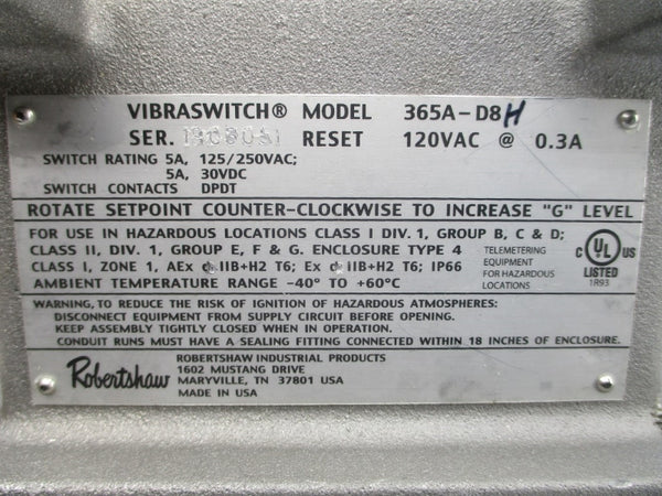 ROBERTSHAW 365A-D8H 120VAC 0.3A NSMP