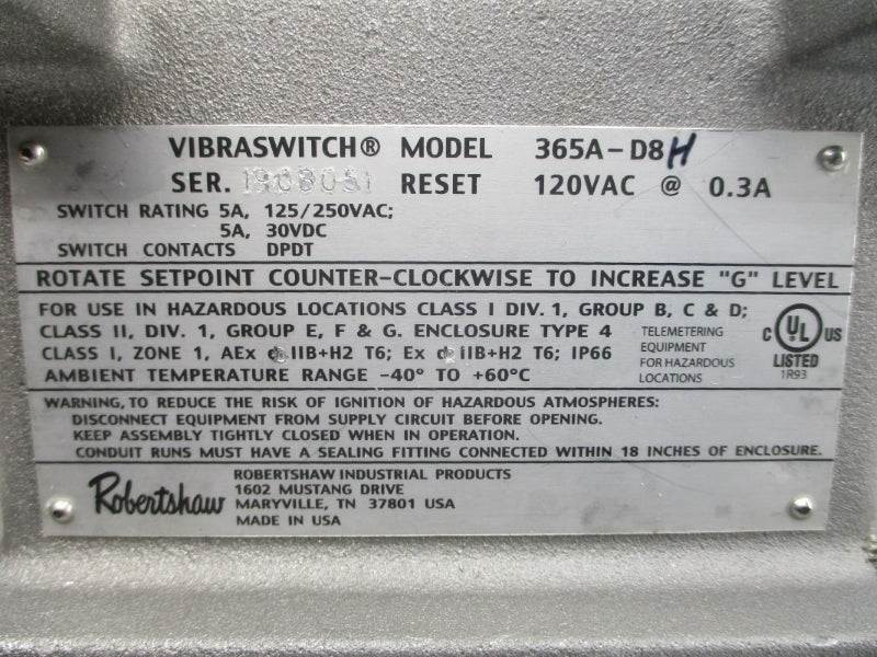 ROBERTSHAW 365A-D8H 120VAC 0.3A NSMP