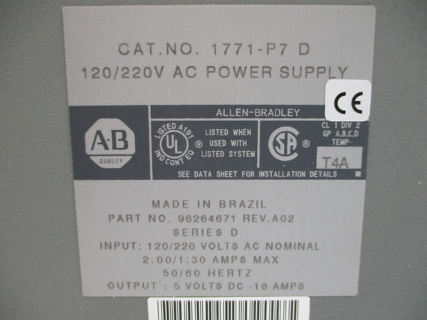 ALLEN BRADLEY 1771-P7 SER. D 120/220VAC 2.00/1.30A REMAN