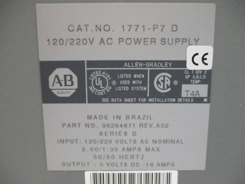 ALLEN BRADLEY 1771-P7 SER. D 120/220VAC 2.00/1.30A REMAN