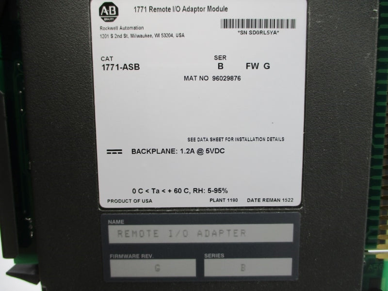 ALLEN BRADLEY 1771-ASB SER. B F/W G 5VDC 1.2A REMAN