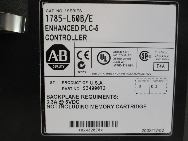 ALLEN BRADLEY 1785-L60B SER. E F/W K.2 5VDC 3.3A NSMP