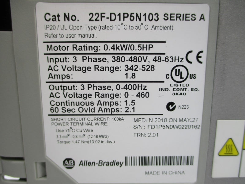 ALLEN BRADLEY 22F-D1P5N103 SER. A F/W 2.01 342-528VAC 1.8A NSMP