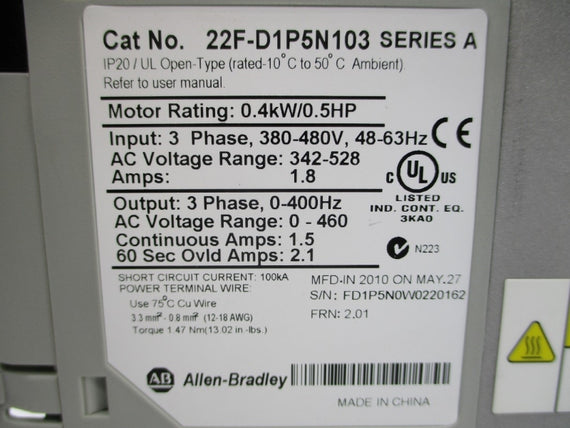 ALLEN BRADLEY 22F-D1P5N103 SER. A F/W 2.01 342-528VAC 1.8A NSMP