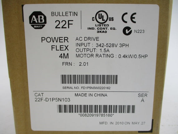 ALLEN BRADLEY 22F-D1P5N103 SER. A F/W 2.01 342-528VAC 1.8A NSMP