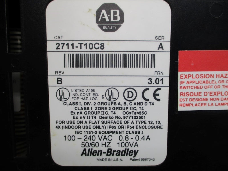 ALLEN BRADLEY 2711-T10C8 SER. A F/W 3.01 100-240VAC 0.8-0.4A (AS PICTURED) NSNP