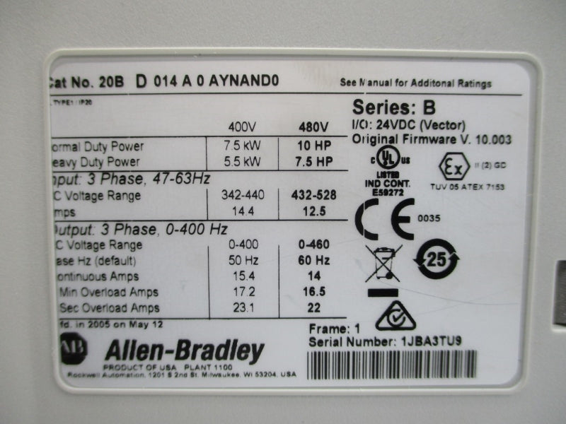 ALLEN BRADLEY 20BD014A0AYNAND0 SER. B F/W 10.003 432-528VAC 12.5A NSNP