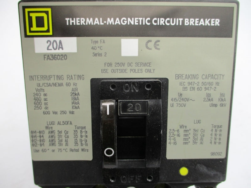 SQUARE D FA36020 SER. 2 600VAC 20A NSMP