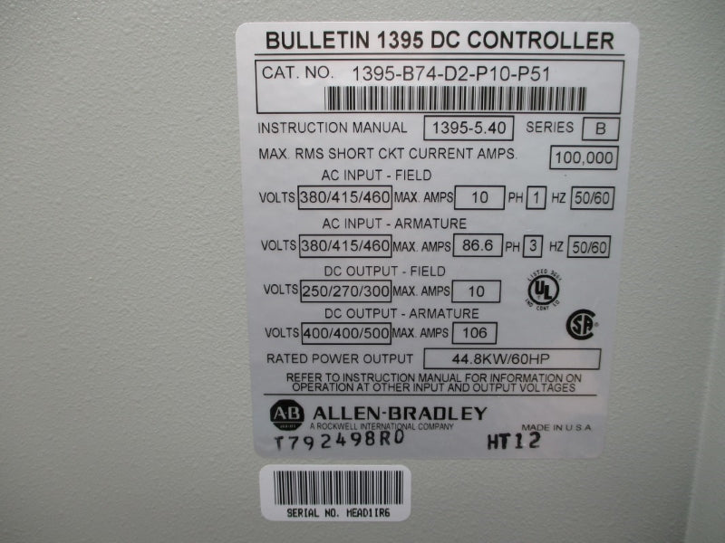 ALLEN BRADLEY 1395-B74-D2-P10-P51 SER. B 380/415/460VAC 10/86.6A UNMP