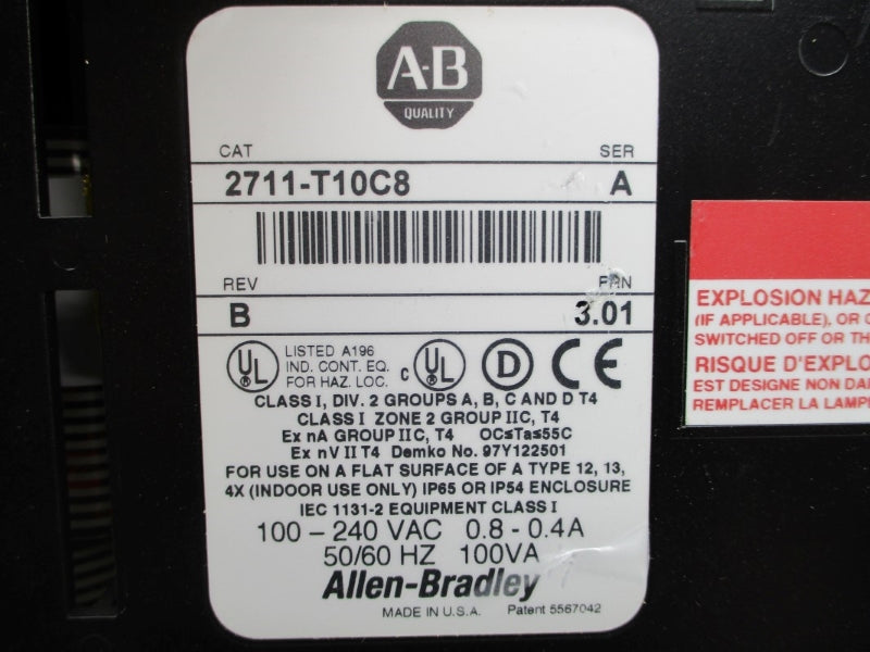 ALLEN BRADLEY 2711-T10C8 SER. A F/W 3.01 100-240VAC 0.8-0.4A UNMP