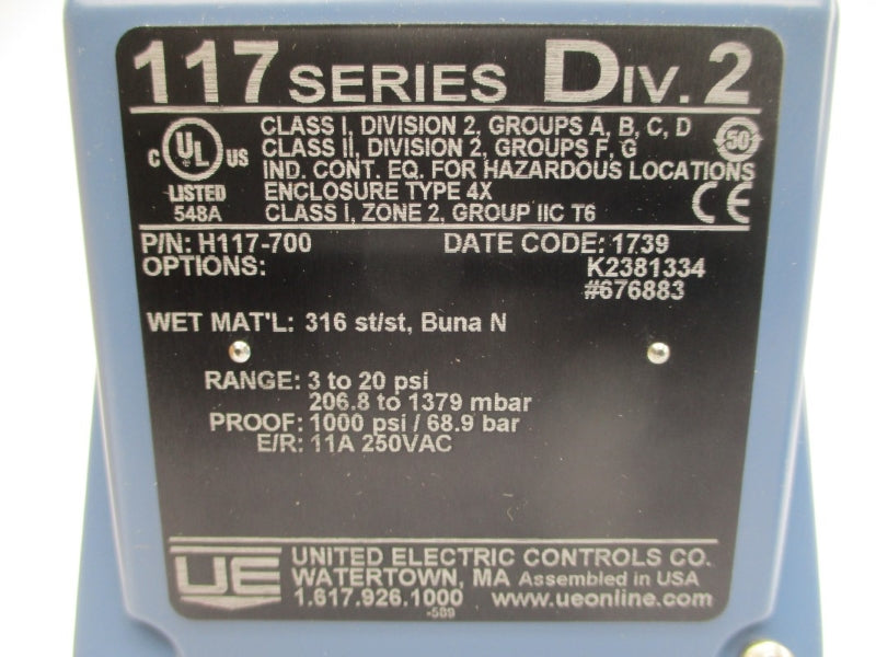 UNITED ELECTRIC H117-700 250VAC 11A 3-20PSI NSMP