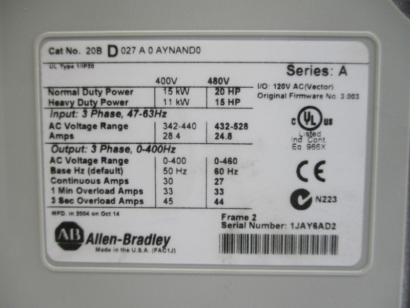 ALLEN BRADLEY 20BD027A0AYNAND0 SER. A F/W 3.003 480VAC 27A NSMP