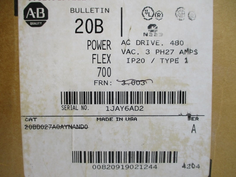 ALLEN BRADLEY 20BD027A0AYNAND0 SER. A F/W 3.003 480VAC 27A NSMP