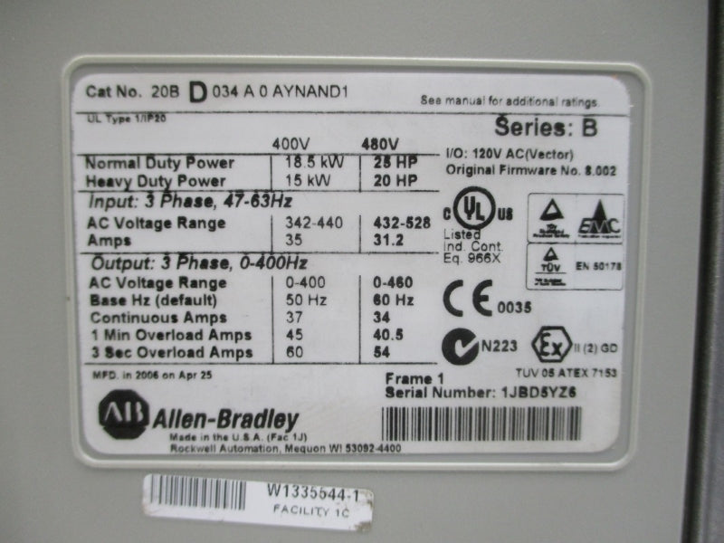 ALLEN BRADLEY 20BD034A0AYNAND1 SER. B F/W 8.002 480VAC 34A UNMP
