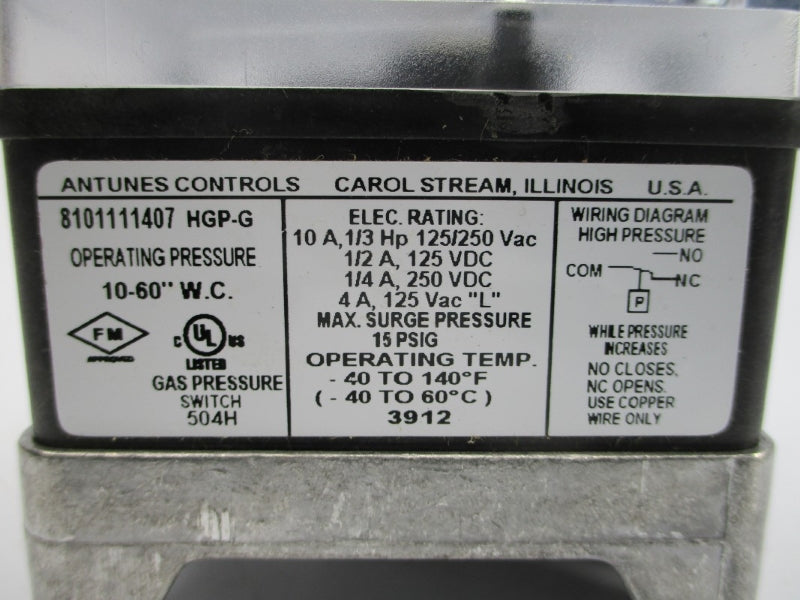 ANTUNES CONTROLS 8101111407 HGP-G 125/250VAC 10A 10-60"W.C. NSNP