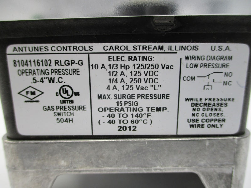 ANTUNES CONTROLS 8104116102 RLGP-G 125/250VAC 10A .5-4"WC NSNP