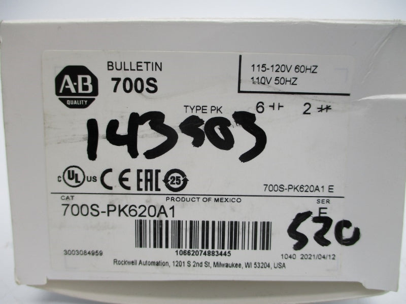 ALLEN BRADLEY 700S-PK620A1 SER. E 110/115-120V (WH) NSMP