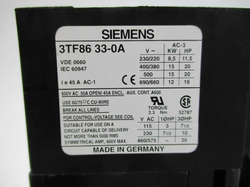 SIEMENS 3TF8633-0AK1 120VAC 45A NSMP