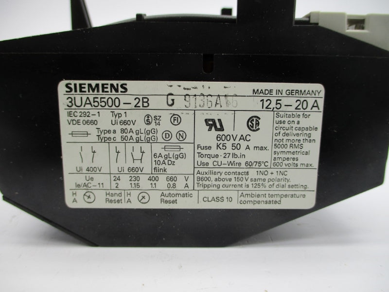 SIEMENS 3UA5500-2B 600VAC 12.5-20A NSMP