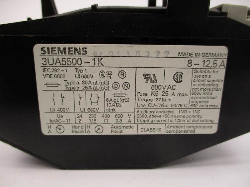 SIEMENS 3UA5500-1K 600VAC 8-12.5A NSMP