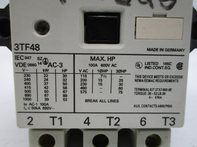 SIEMENS 3TF48 600VAC 100A NSNP