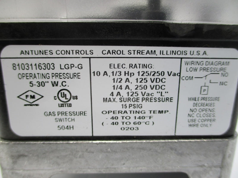 ANTUNE CONTROLS 8103116303 LGP-G 125/250VAC 10A 5-30"WC NSNP