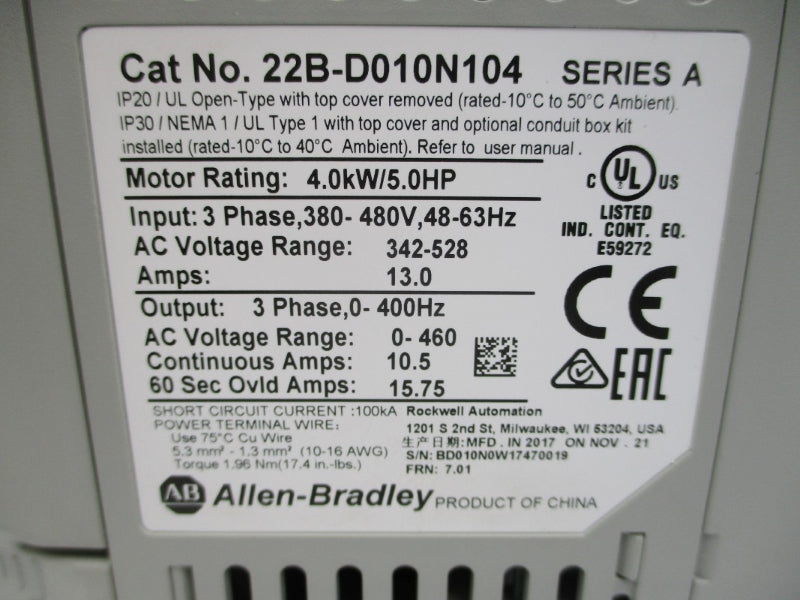 ALLEN BRADLEY 22B-D010N104 SER. A F/W 7.01 480VAC 15.75A NSMP