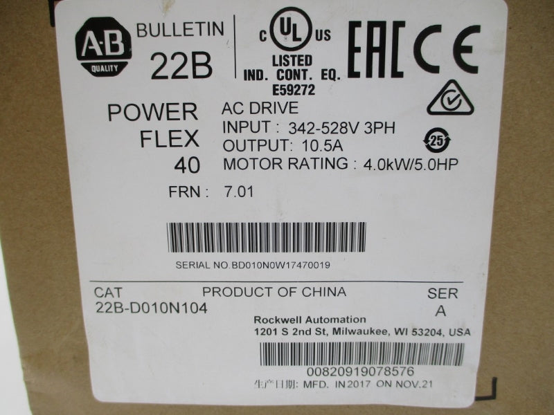 ALLEN BRADLEY 22B-D010N104 SER. A F/W 7.01 480VAC 15.75A NSMP