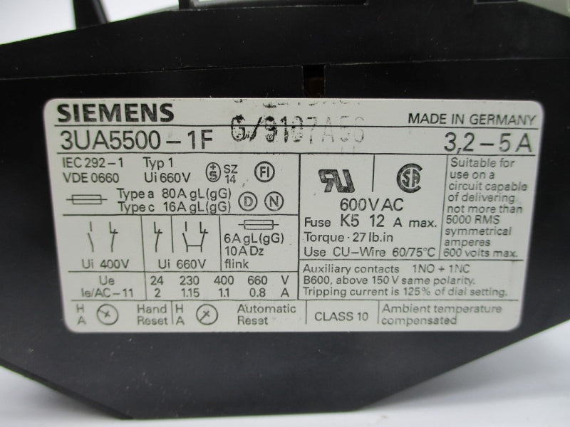 SIEMENS 3UA5500-1F 600VAC 3.2-5A NSMP