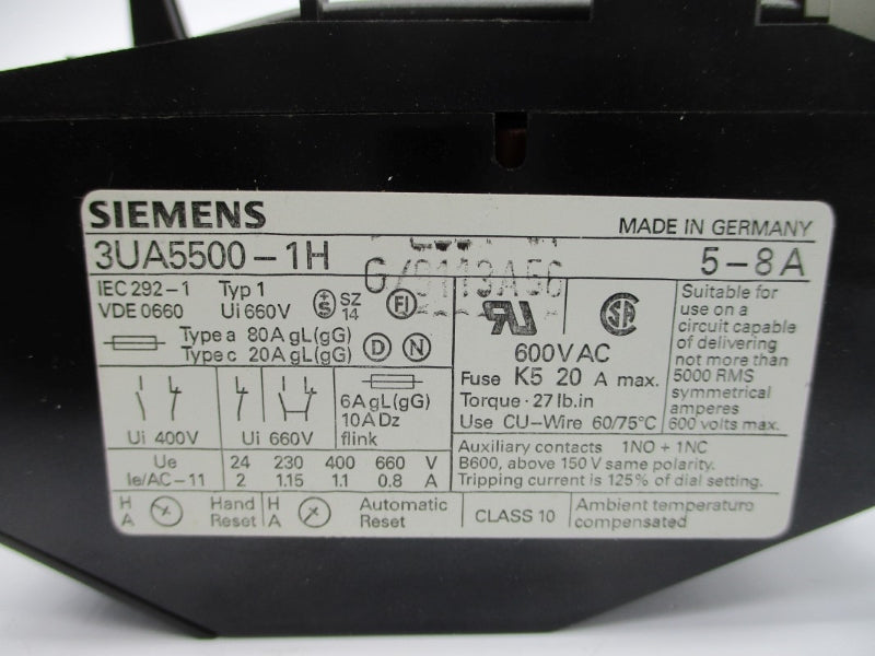 SIEMENS 3UA5500-1H 600VAC 5-8A NSMP
