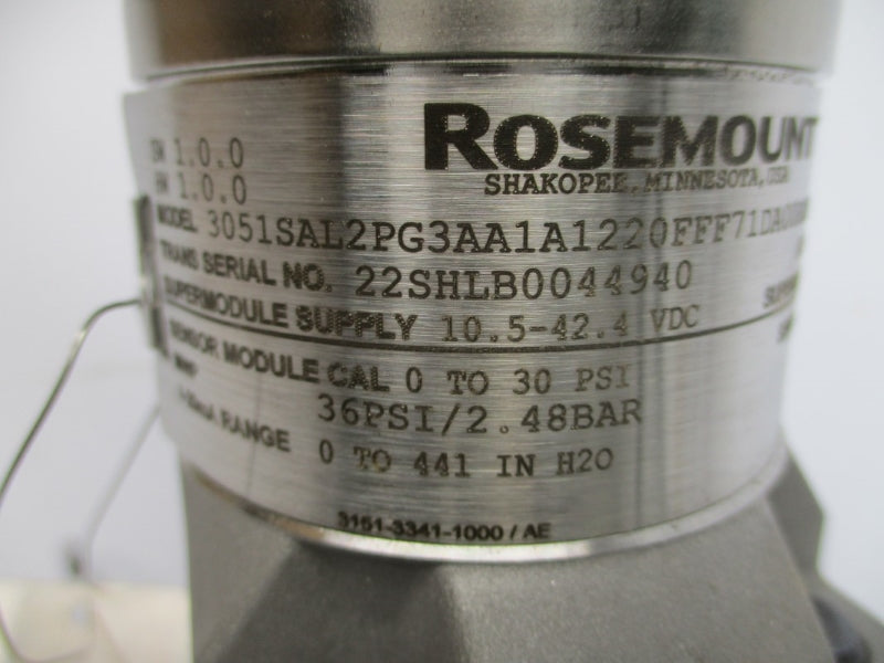 ROSEMOUNT 3051SAL2PG3AA1A1220FFF71DA00R05E5L4M5T1 10.5-42.4VDC 36PSI NSMP
