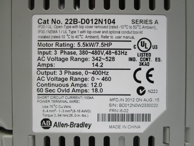 ALLEN BRADLEY 22B-D012N104 SER. A F/W 6.01 380-480VAC 14.2A NSNP