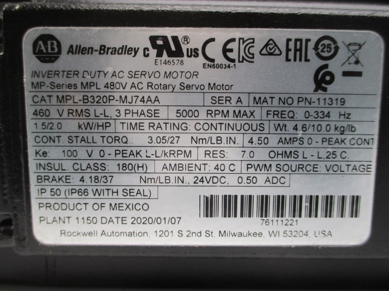 ALLEN BRADLEY MPL-B320P-MJ74AA SER. A 460V 4.50A NSNP