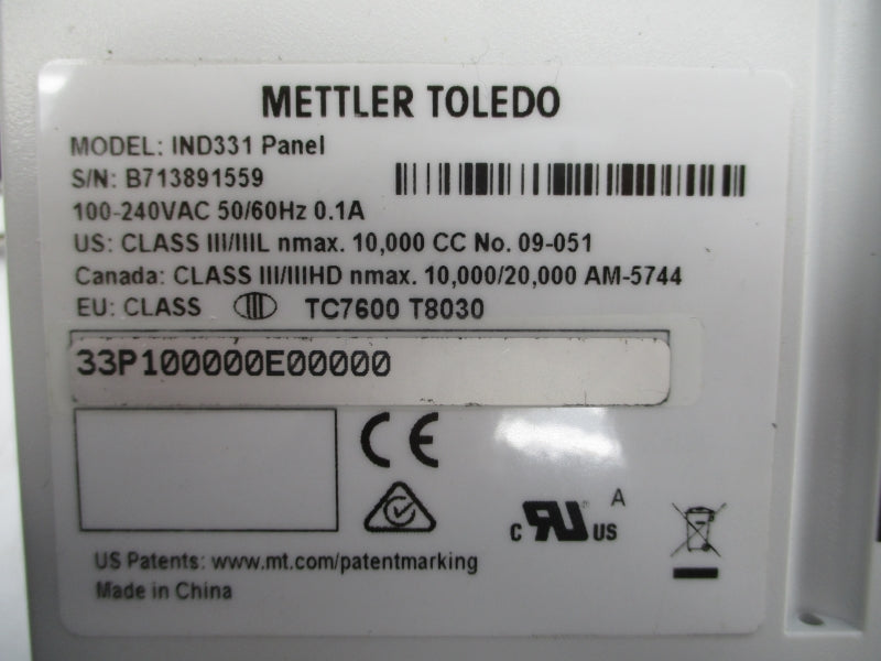 METTLER TOLEDO IND331PANEL 100-240VAC 0.1A NSNP