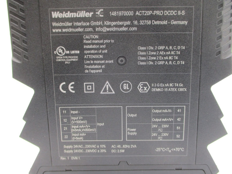 WEIDMULLER ACT20P-PRO-DCDC-II-S 1481970000 24-230VAC NSMP