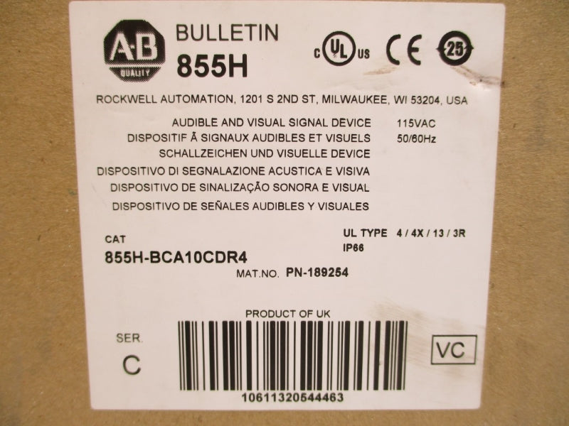 ALLEN BRADLEY 855H-BCA10CDR4 SER. C 115VAC (BR/WH) NSMP