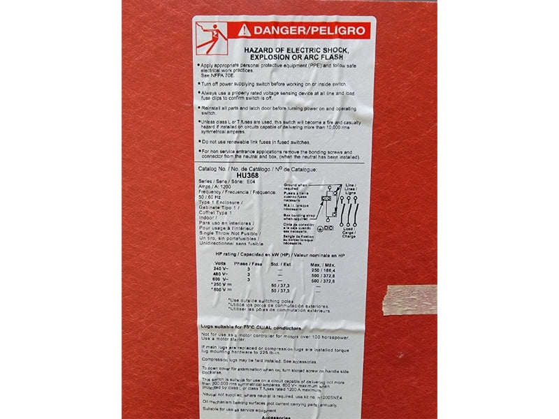 SQUARE D HU368 SER. E04 600VAC 1200A (AS PICTURED1) NSNP