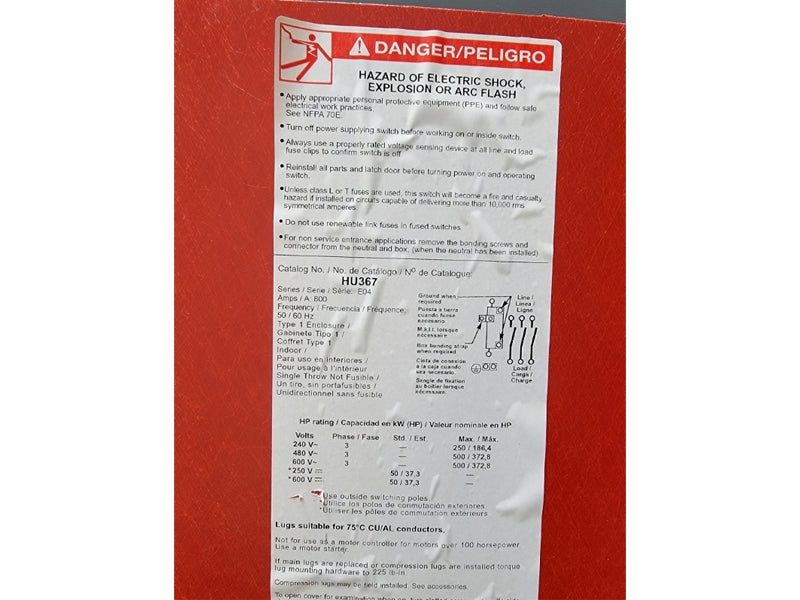 SQUARE D HU367 SER. E04 600VAC 800A (AS PICTURED) NSNP