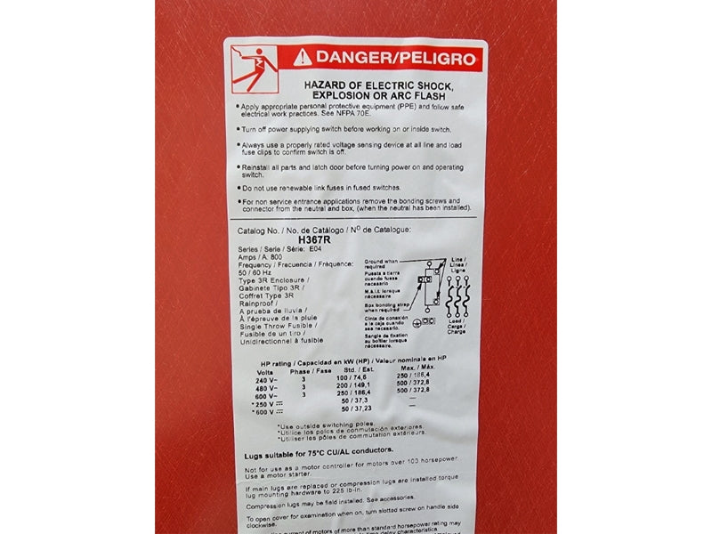 SQUARE D H367R SER. E04 600VAC 800A (AS PICTURED) NSNP
