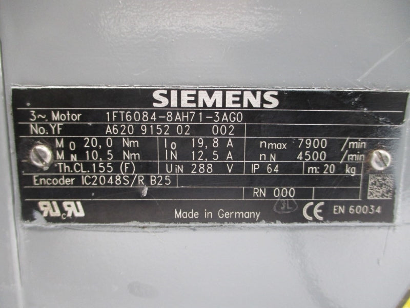 SIEMENS 1FT6084-8AH71-3AG0 288V 12.5/19.8A (AS PICTURED) NSNP